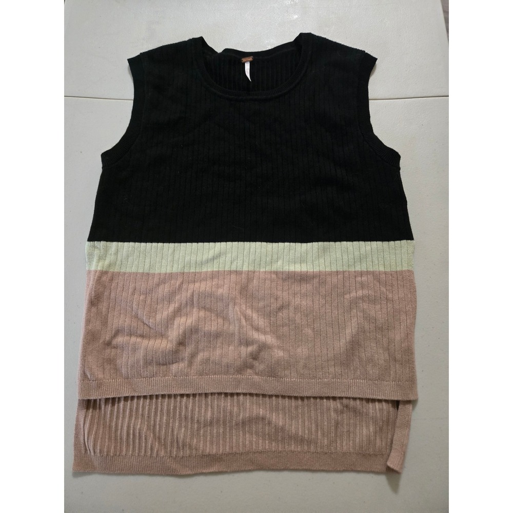 Free People Colorblock Ribbed Knit Sweater Vest Black Pink Mint Small